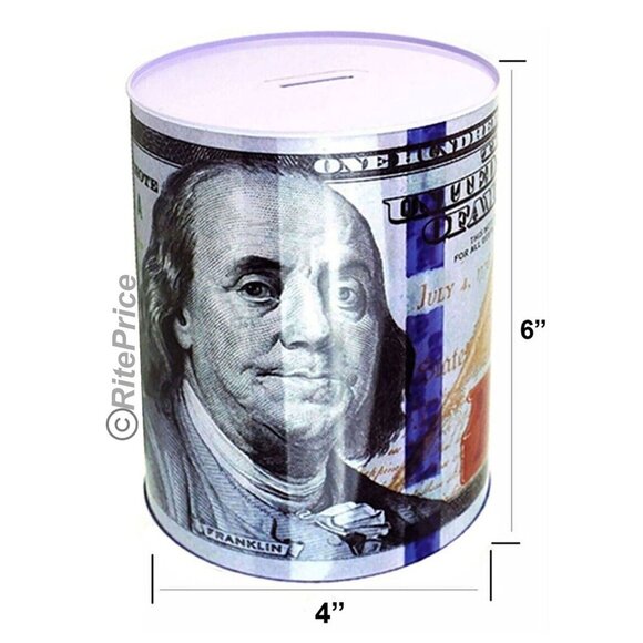 Ben Franklin One Hundred Dollar Bill Tin Piggy Banks 6" Tall Coin Saver(2 Pack) - Picture 3 of 9